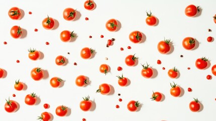 Vibrant red tomatoes scattered artfully across a pristine white surface, showcasing their glossy texture and rich color in a captivating arrangement.