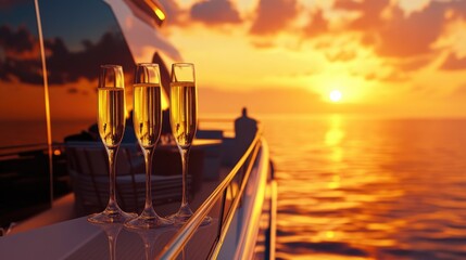 Friends enjoying champagne on a luxurious yacht at sunset, capturing the essence of summer relaxation and upscale leisure by the serene ocean.