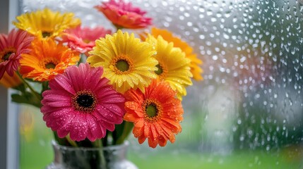 Vibrant bouquet of pink, yellow, and orange flowers in a vase with droplets on a rain-soaked window creating a serene, colorful scene.