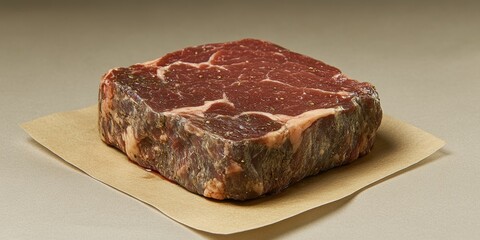 A perfectly marbled raw beef steak sits on parchment paper showcasing its rich red color and intricate fat distribution ready for cooking preparation