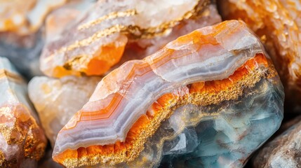Vibrant multi-layered stones showcasing rich hues of gold and orange with distinctive textures and patterns on a natural surface.