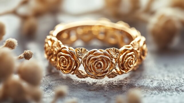 Luxurious gold ring featuring intricately crafted rose motifs, ideal for romantic celebrations like anniversaries and special occasions.