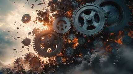 Dramatic conceptual image of gears and machinery breaking apart amid fiery explosions, symbolizing the collapse of industrial systems or mechanical failure.