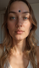 Woman meditating with third eye focus, calm expression.