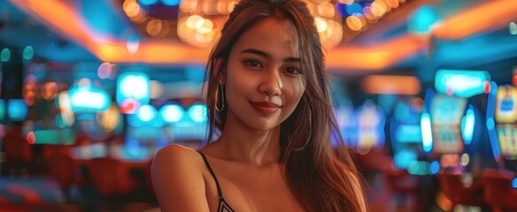 Young Woman Posing in a Casino with Bright Lights