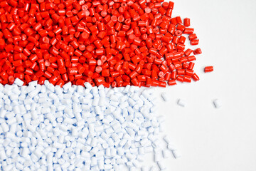 Red and white masterbatch granules cold cut type isolated white background,color pigment carrier...