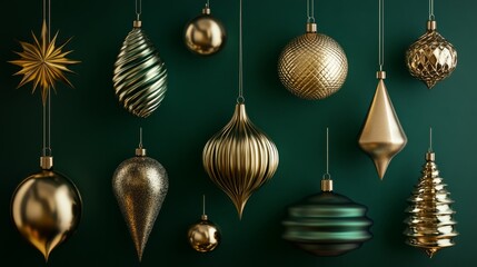 Fototapeta premium 3d rendered green background golden vibrant christmas tree ornaments