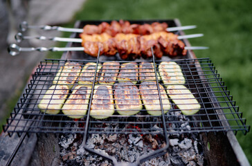 Barbecue chiken and zucchini. Cooking outdoor
