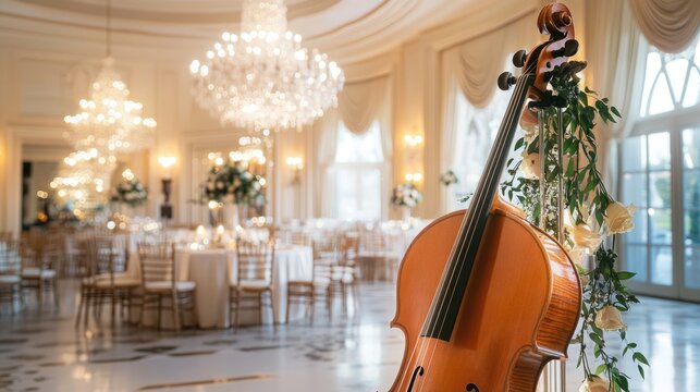 Elegant string quartet performing at a beautifully decorated wedding reception, with a cello in focus and exquisite chandeliers illuminating the venue.