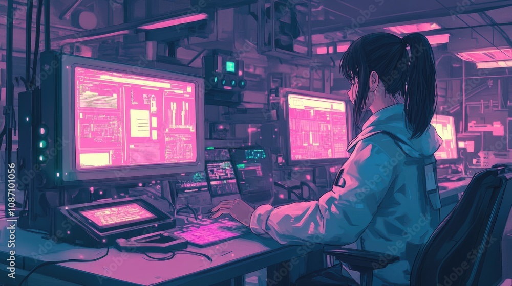 Poster 8-bit anime-style futuristic lab scene, with glowing monitors and a character working on a project.