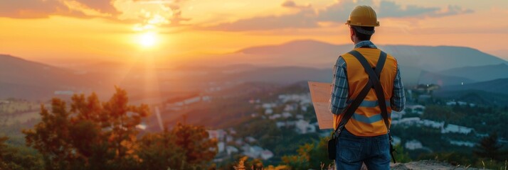 Construction Worker Gazing at Sunset Over Mountains