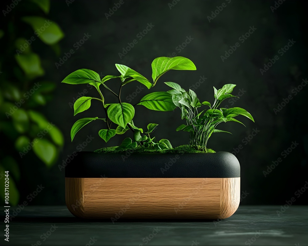 Poster a visually captivating image showcasing a handcrafted wooden planter displaying a harmonious and del