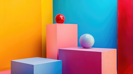 Fototapeta premium Vibrant abstract geometric shapes with colorful spheres on pastel blocks against a bright backdrop for creative inspiration and visual impact.