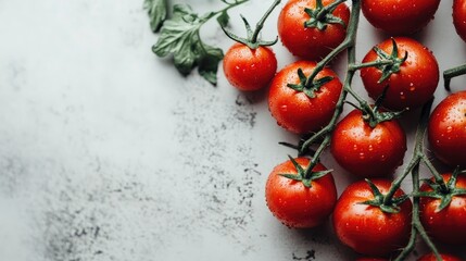 Fresh, plump tomatoes on a vine with droplets of water, set against a textured white background, emphasizing vibrant color and nutrition theme.