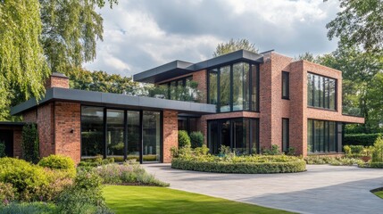 Modern brick house with large windows surrounded by a well-maintained garden, lush greenery, and a spacious paved driveway under bright daylight.
