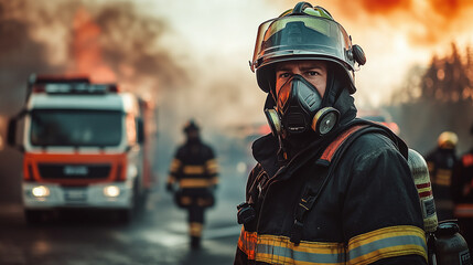 Naklejka premium Close-up of a firefighter wearing full protective gear and SCBA mask, standing near fire trucks with smoke in the background, emphasizing bravery and emergency response.