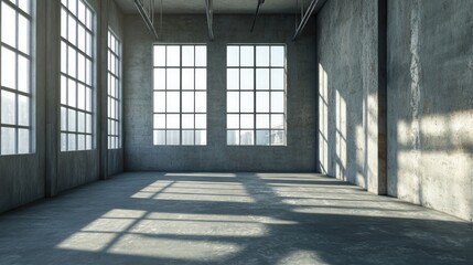 Spacious vacant warehouse corner featuring high ceilings and large windows allowing natural light to illuminate the concrete floor and walls.