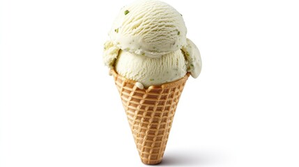 Two luscious scoops of creamy pistachio ice cream perfectly nestled in a crunchy waffle cone, showcasing a delightful dessert treat.