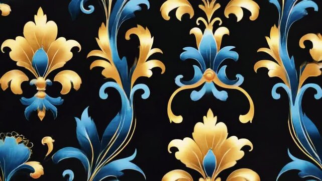Black luxury cloth, silk satin velvet, with floral shapes, gold threads, luxurious wallpaper, elegant abstract design, 4k High-Quality watercolor luxury Animation Video