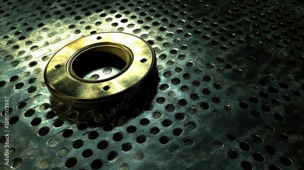 Aufkleber close-up of a metallic circular object on a perforated sheet with dramatic lighting effects highligh