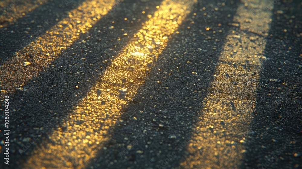 Poster abstract close-up of glimmering rain-drenched road surface reflecting sunlight with shadows and ligh