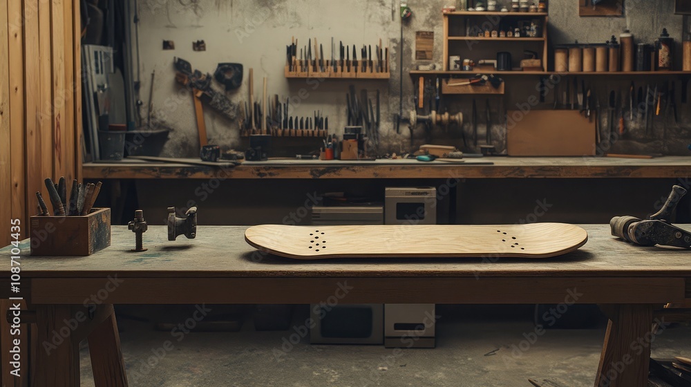 Poster a detailed view of a skateboard deck on a woodworking table surrounded by tools and equipment in a w