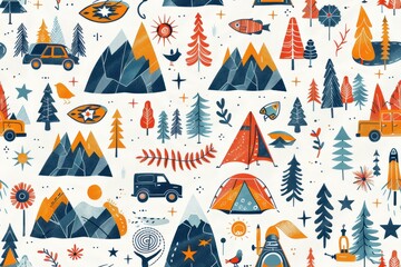 Vibrant and Dynamic Seamless Pattern Featuring Scenic Mountains, Tent Camping, and Nature Elements in Bold Colors for Outdoor-Themed Designs