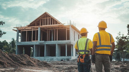 Fototapeta premium Two workers inspecting a wooden house under construction during sunset, highlighting teamwork, building process, and residential architecture.