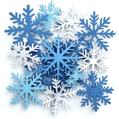 Various blue snowflakes on a white isolated background.