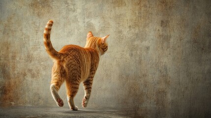 Ginger cat gracefully walking away on a textured background, capturing the elegance and fluid motion of a feline from the back view.