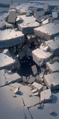 Fototapeta premium Epic battlefield aftermath, shattered ground from hero clash, debris scattered, medieval spire silhouette, vibrant animated details, dynamic scene.