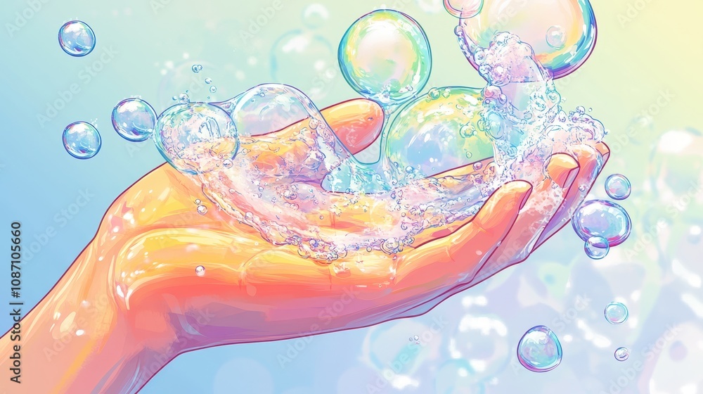 Poster hand reaching out to catch colorful soap bubbles in a playful liquid environment with soft hues and 