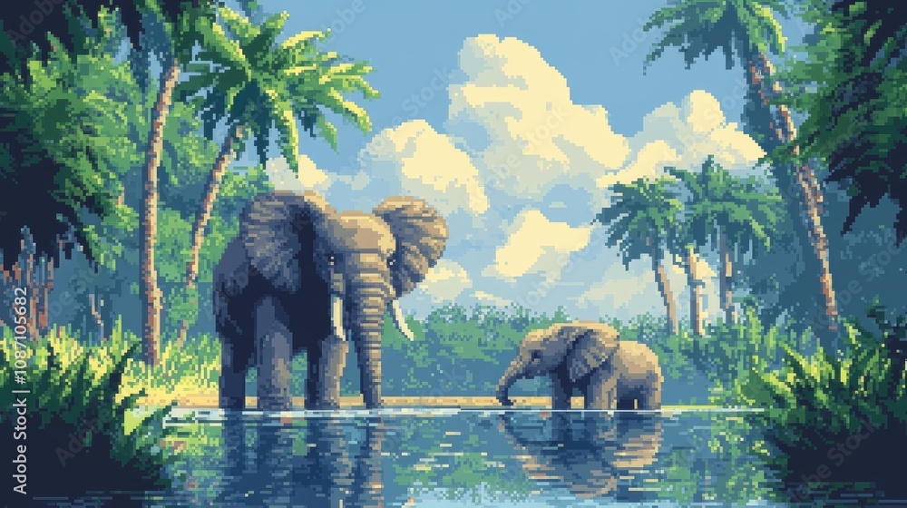 Poster 8-bit jungle elephant family playing in a pixelated river with palm trees in the background.