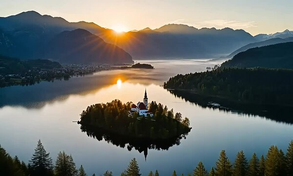 Aerial Drone View of Lake Bled, Slovenia at Sunrise