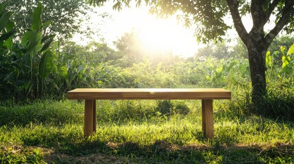 Tree Table wood Podium in the farm, a stand of display for food, perfume, and other products on nature background, Table in a farm with grass, Sunlight at morning
