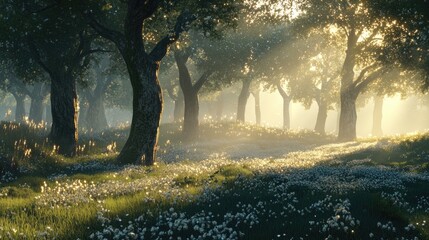 Morning sunlight streams through lush trees, illuminating a serene forest clearing filled with glistening dew and vibrant wildflowers.