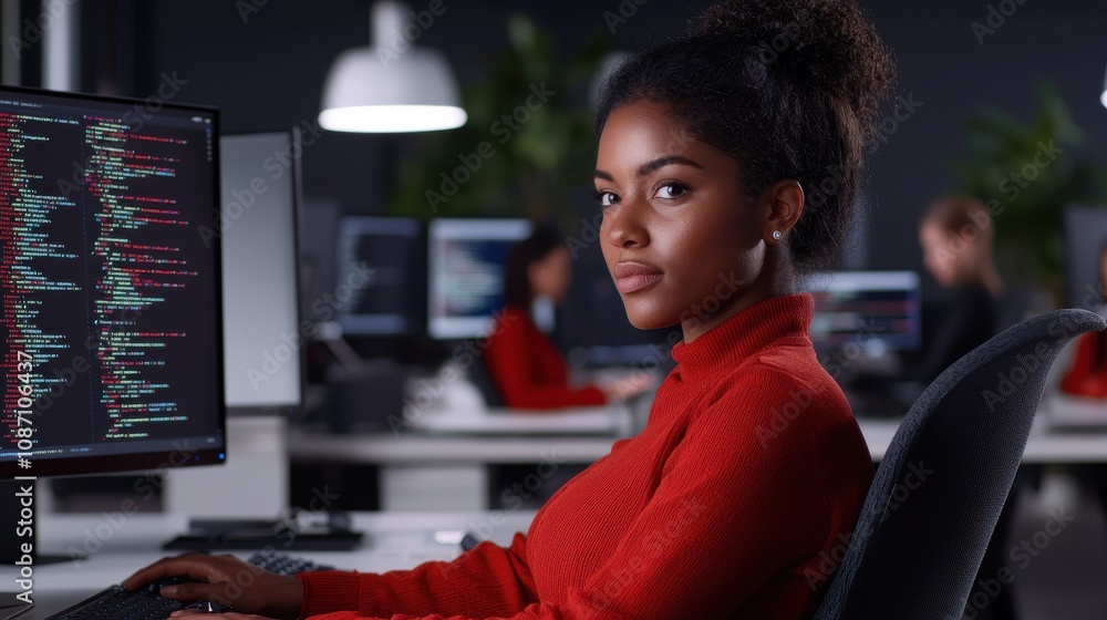 Poster a focused woman in a red sweater sits at a desk with multiple monitors, coding in a modern office en