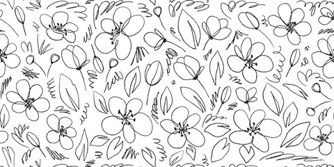 Seamless Pattern with Cute Flowers, Leaves and Berries. Simple grunge botanical background. One line chamomile flower. Children sketches scattered on a white background