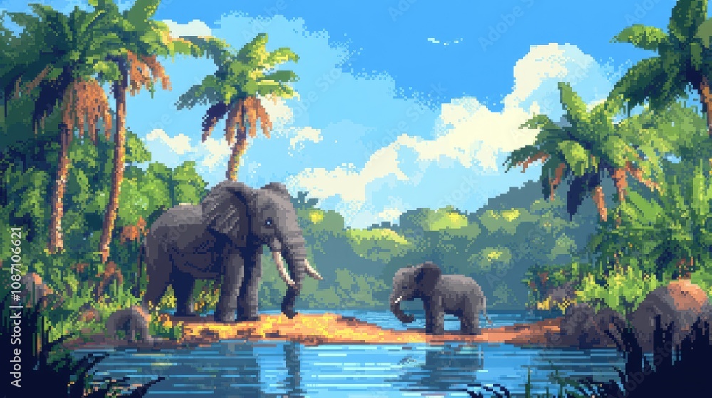 Poster 8-bit jungle elephant family playing in a pixelated river with palm trees in the background.