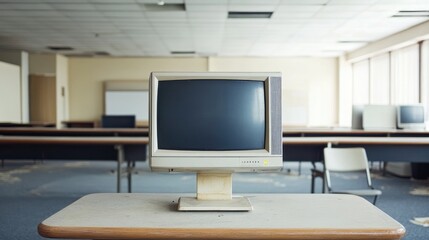 Fototapeta premium Deserted office interior showcasing a vintage computer monitor on a table, surrounded by empty desks and a neglected atmosphere.