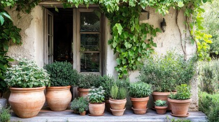 Lush Terracotta Pots Overflowing with Green Plants by a Rustic Window Framed with Vines and Foliage
