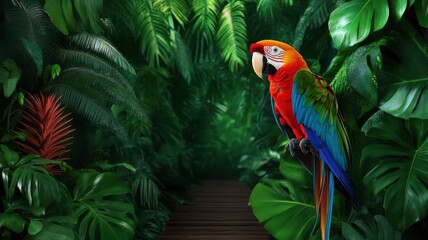 Fototapeta premium Lush tropical jungle path adorned with vibrant ferns, inviting exploration through nature's abundant greenery.