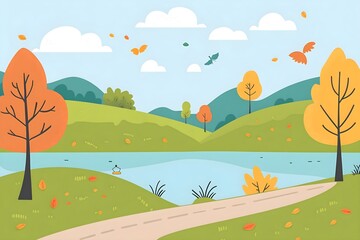 Beautiful landscape vector illustration of mountains, forests, fields and meadows. Stunning panoramic farm landscape with mountains in the background. Natural landscape