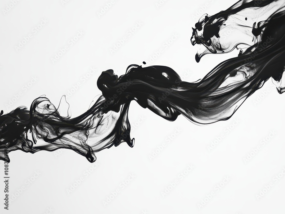 Poster fluid black ink patterns on white surface creating abstract art with graceful movement and dynamic f