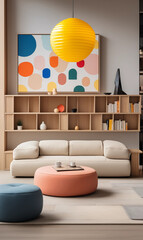 Modern Living Room Interior Beige Sofa Orange Ottoman Yellow Lamp