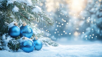 Charming Christmas scene with sparkling blue baubles nestled among snow-covered pine branches and a serene snowy background.