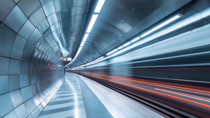 Modern Metro Station Interior Featuring Sleek Metallic Surface and Dynamic Train Movement, Showcasing Urban Transportation Design in a Streamlined Environment