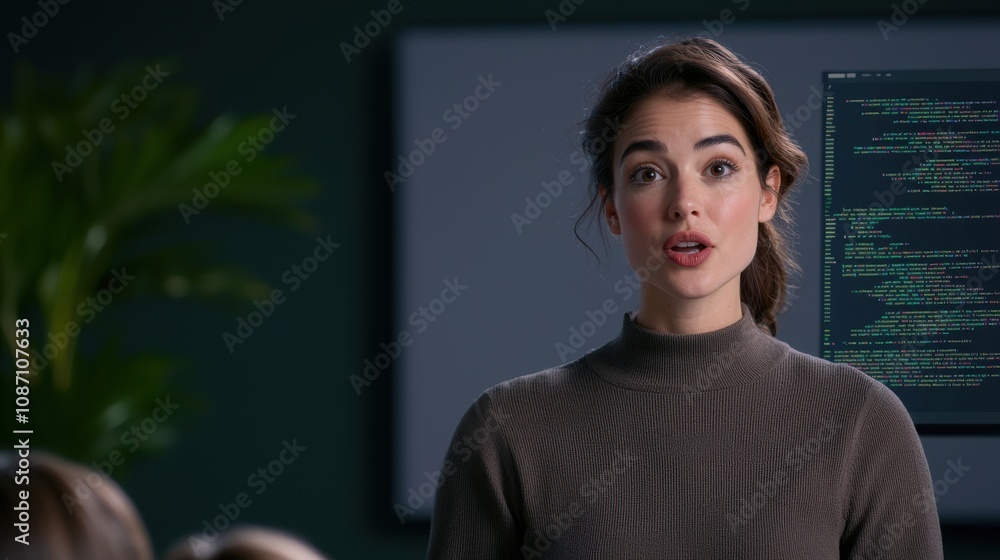 Poster a young woman presents in front of an audience, discussing technology or coding, with a digital scre