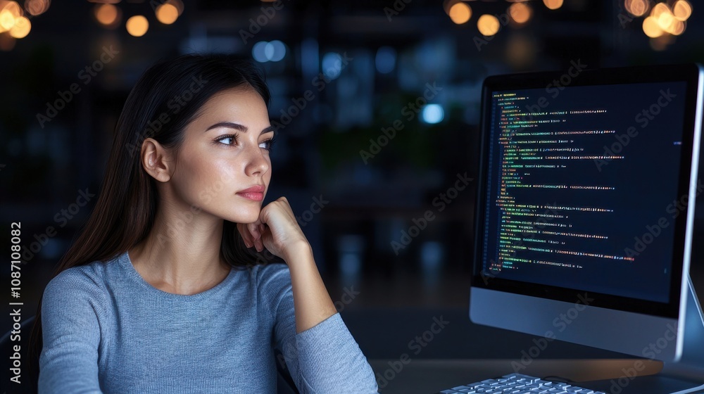 Poster a focused woman contemplates coding on her computer, illuminated by soft lights in a dark setting, r