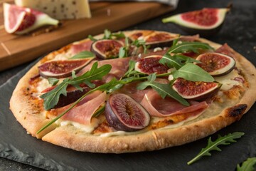 Gourmet fig and prosciutto pizza with arugula on stone slate